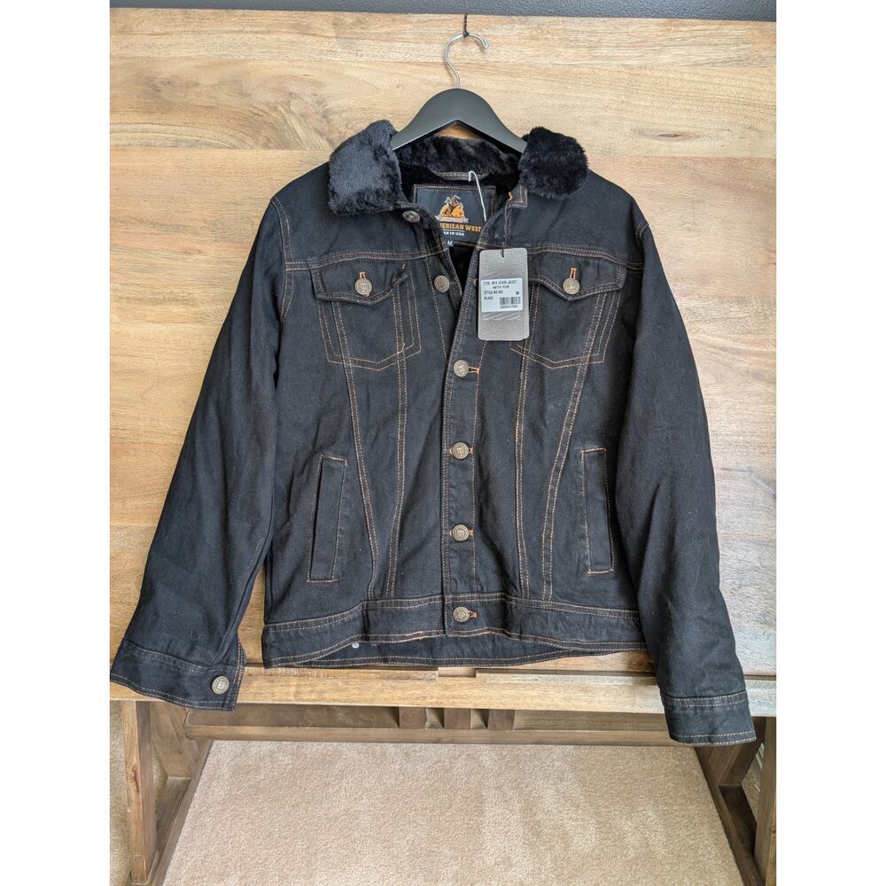The American West Denim Jacket Mens M Black Pockets Fur Collared Button Up NWT
